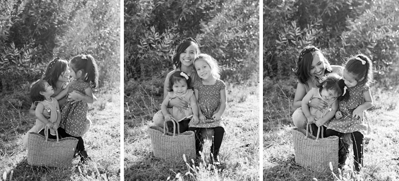 Black and white photos of girls and their mom smiling and being silly.